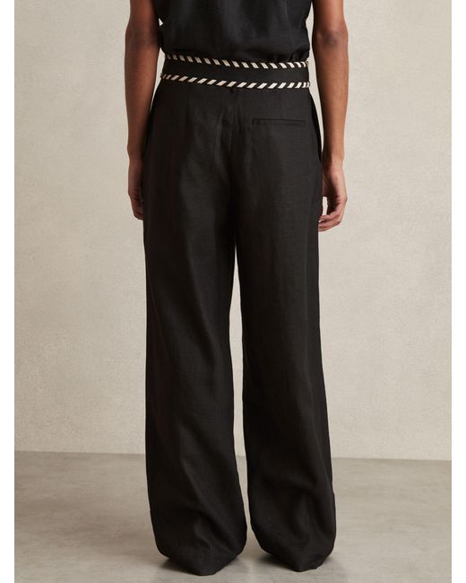 Reiss Fawn - Black Linen Wide-leg Whipstitch Trousers, Us 10 R