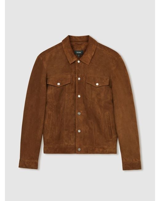 Reiss Brown Suede Press Stud Trucker Jacket for men