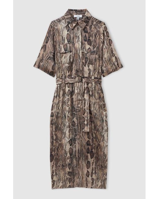 Reiss Natural Snake Print Belted Midi Dress