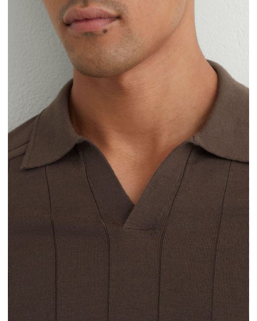 Reiss Brown Merino Wool Wide-Rib Polo Jumper for men