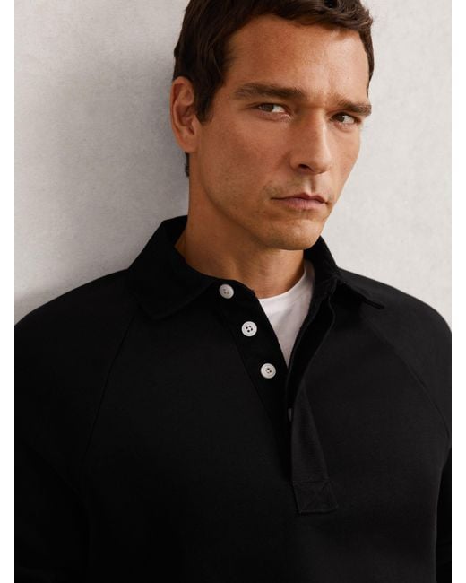 Reiss Costello - Black Cotton-blend Fleece-back Polo Shirt, M for men