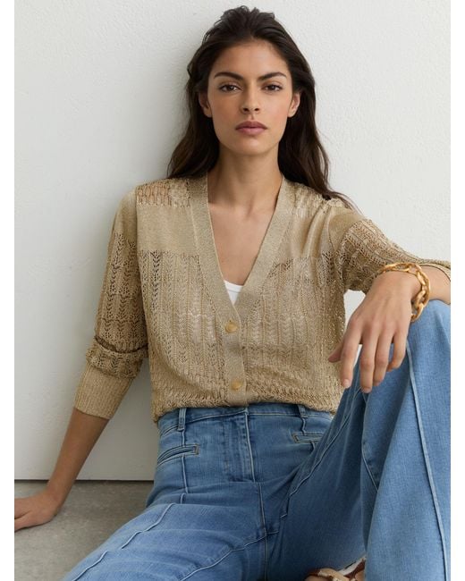 Reiss Suzanne - Gold Metallic Pointelle-knit Cardigan, Xl (us 16-18)