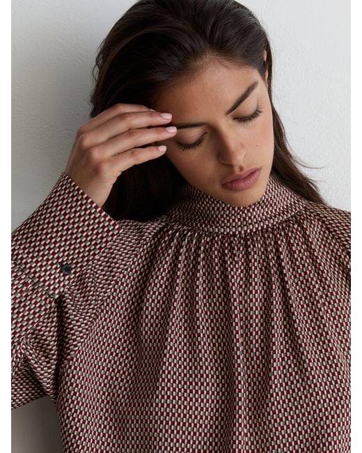 Reiss Brown Geometric-Print Tie-Neck Blouse