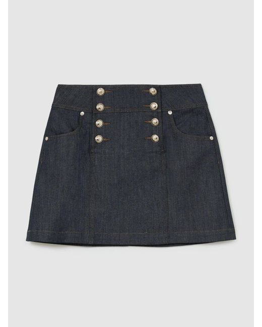 Reiss Skylar - Dark Blue Button-detail Denim Mini Skirt, Us 14