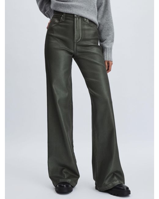 PAIGE Gray Leather-Look Wide-Leg Jeans