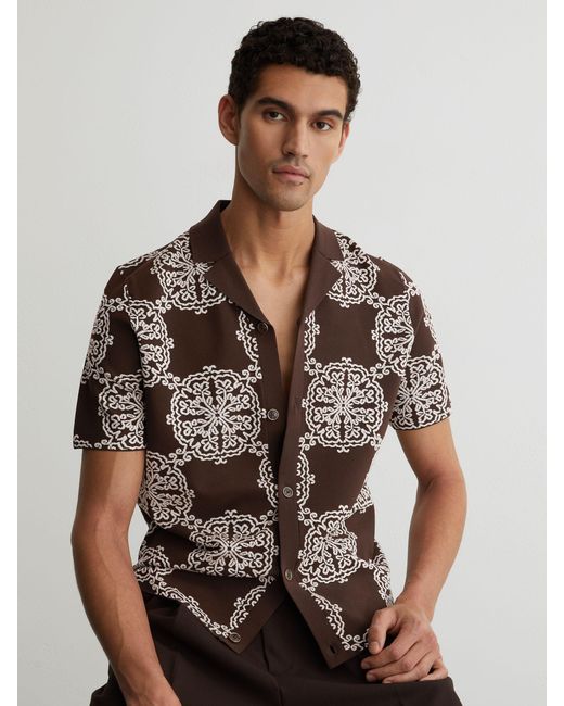 Reiss Brown Tobacco & Jacquard Knit Cuban-Collar Shirt for men