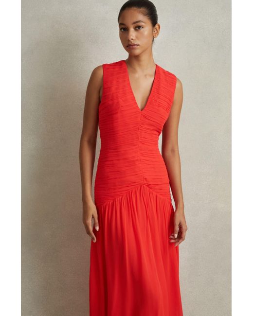 Reiss Red Saffy - Coral Petite Ruched Bodycon Midi Dress
