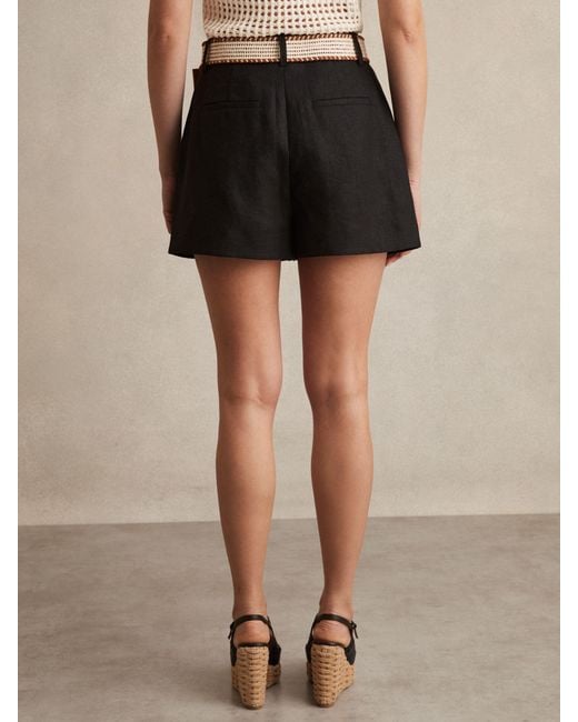 Reiss Natural Beau - Black Linen Pleat-front Belted Shorts, Us 14 L