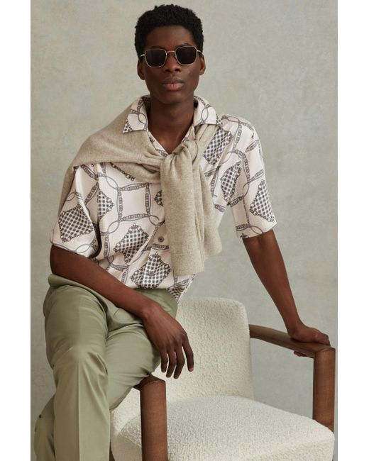 Reiss Natural Lumia - Silver Relaxed Chain Print Cuban Collar Shirt for men