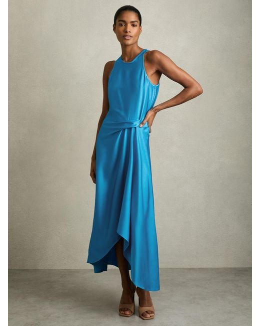 Reiss Micah - Blue Satin Drape Tuck Midi Dress, Us 2