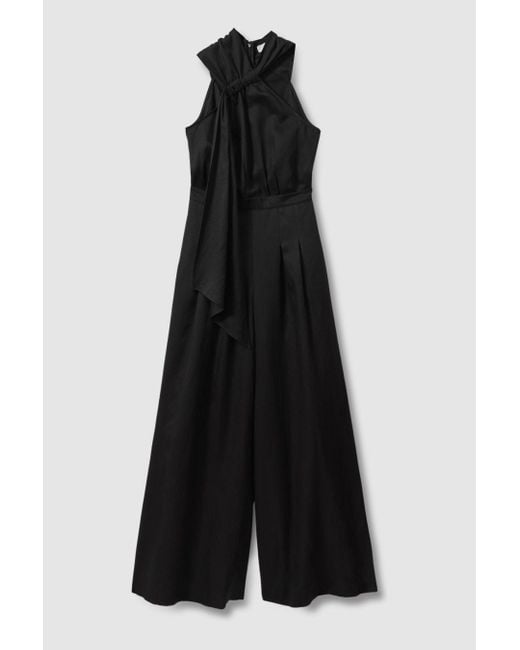 Reiss Selena - Black Linen Blend Drape Jumpsuit