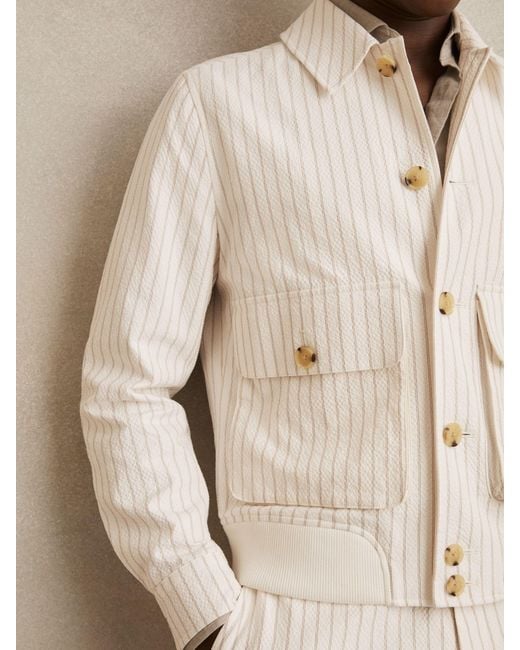 Reiss Natural Easton - Off White/taupe Brown Cotton-blend Pinstripe Harrington Jacket, M for men