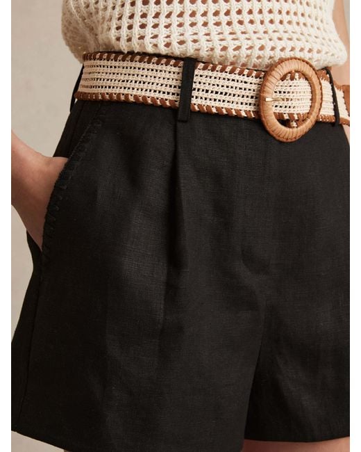 Reiss Natural Beau - Black Linen Pleat-front Belted Shorts, Us 14 L