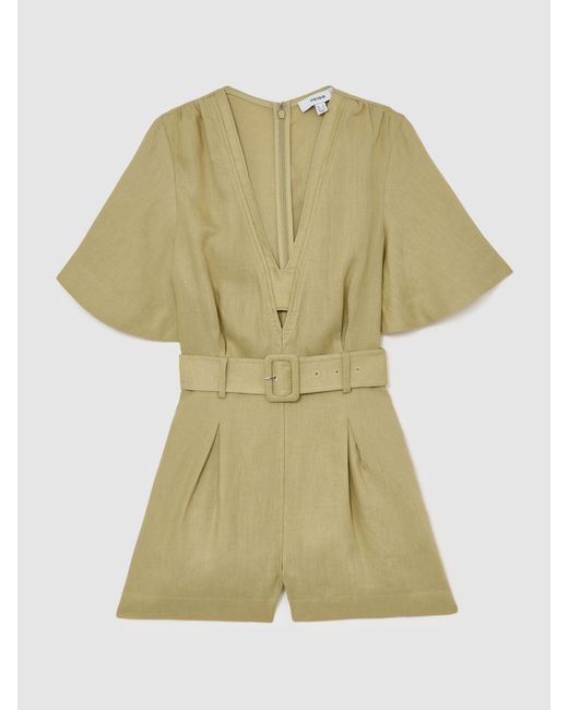 Reiss Sansi - Green Linen Short-sleeve Belted Playsuit, Us 8