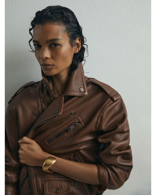 ATELIER Brown Grained-Leather Oversized Biker Jacket