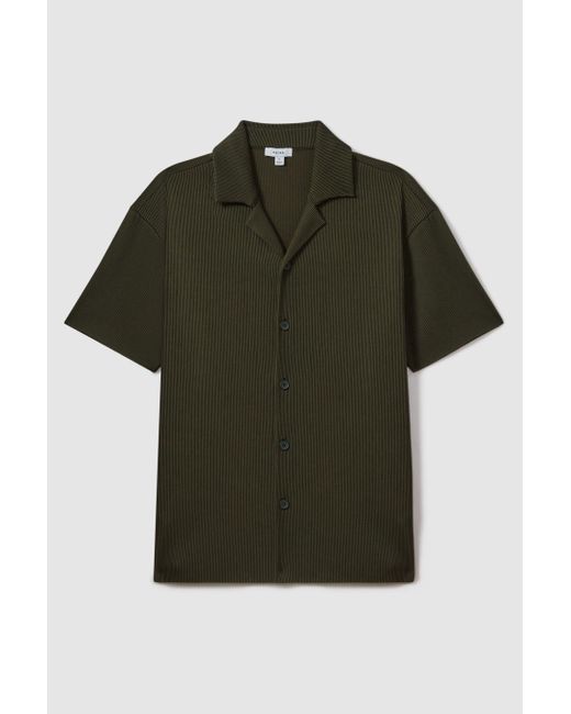 Reiss Chase - Green Ribbed Cuban Collar Shirt, L for men