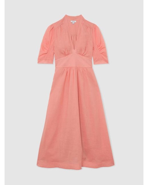Reiss Poppy - Pink Short-sleeve Waisted Midi Dress, Us 0