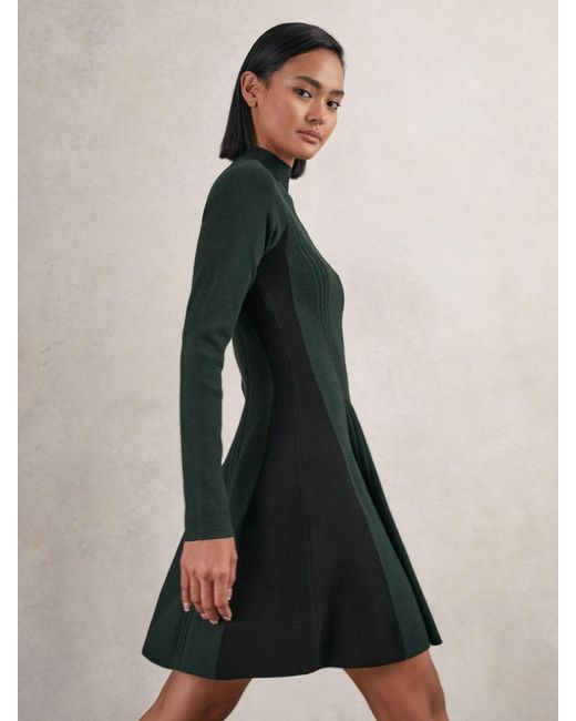 Reiss Green Knitted Contrast-Panel Skater Dress