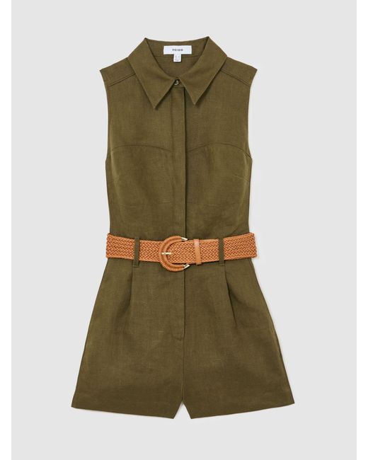 Reiss Green Linen Sleeveless Belted Playsuit
