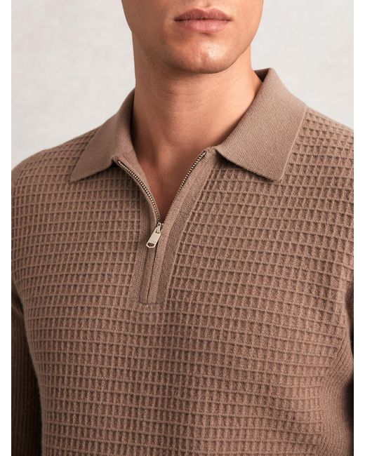 Reiss Brown Wool Waffle-Knit Half-Zip Polo Shirt for men