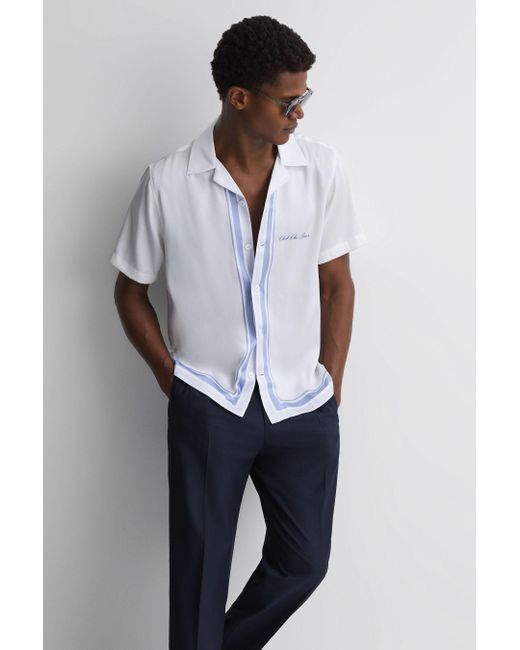 Reiss Chateau - White/blue | Ché Motif Cuban Collar Button-through Shirt for men