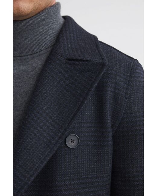 Reiss Blue Attention - Navy Wool Check Double Breasted Coat, L for men