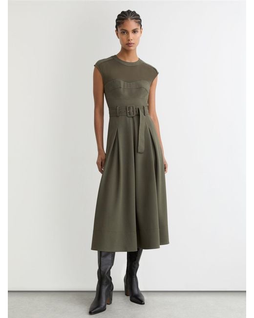 Reiss Green Khaki Ava Mesh-Panel Belted Pleated Midi Dress