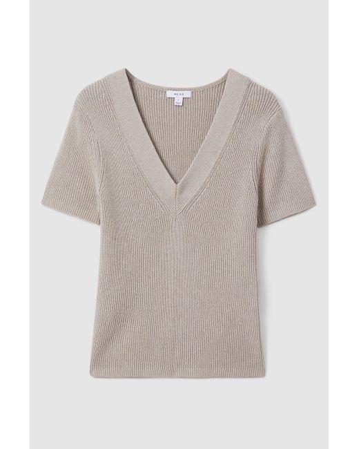 Reiss Natural Rosie - Neutral Cotton Blend Knitted V-neck Top, L