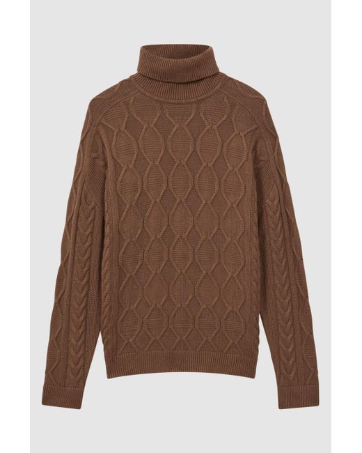 Reiss Brown Alston - Tobacco Cable Knitted Roll Neck Jumper for men