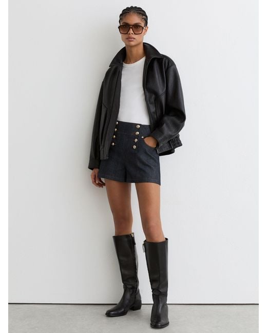 Reiss Black Button-Detail Denim Shorts