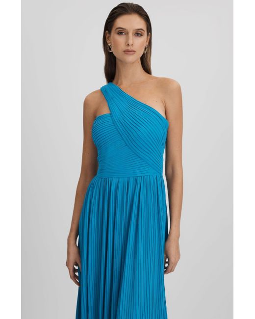 AMUR Blue One Shoulder Pleated Maxi Dress