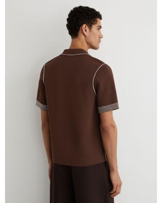 Reiss Brown Stitch-Detail Cuban-Collar Knit Shirt for men