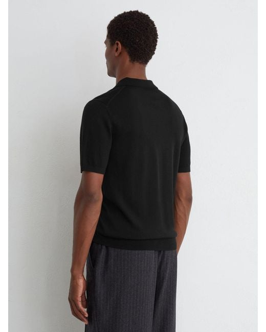 Reiss Black Merino Wool Open Collar Polo Shirt for men