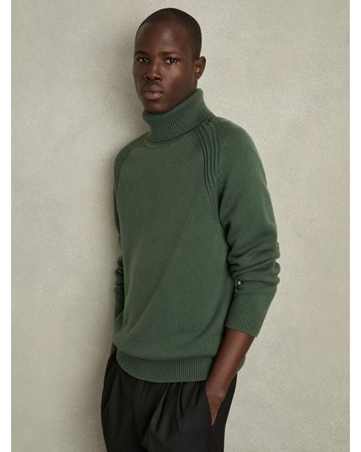 Reiss Green Wool-Blend Ridge-Seam Roll-Neck Jumper for men