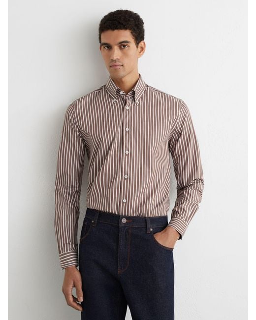 Reiss Guyton - Brown Cotton Stripe Button-down Shirt Regular-fit, Us 15 for men