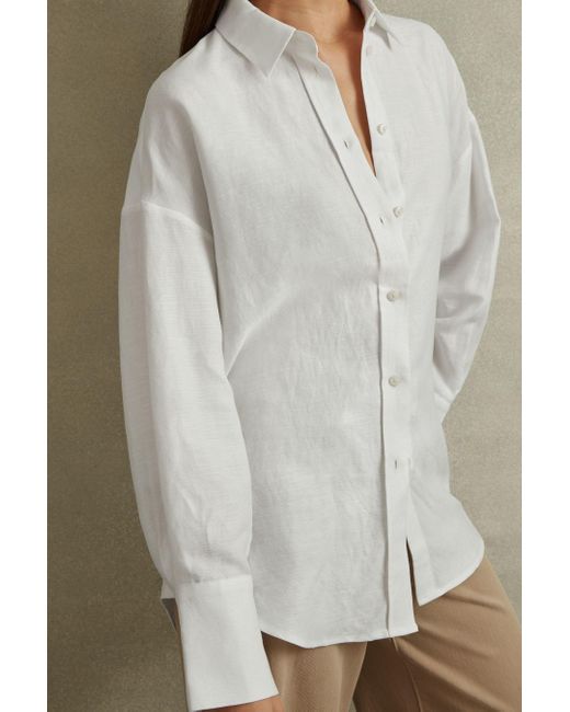Reiss Natural Sian - White Relaxed Fit Lyocell Linen Button Through Shirt