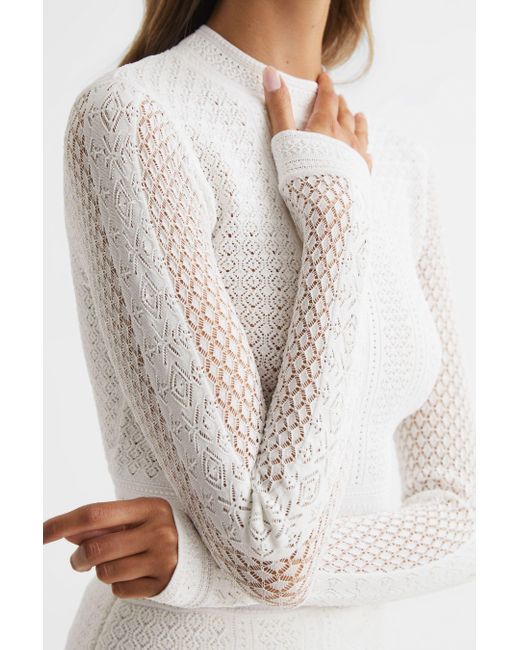 Reiss White Judy - Ivory Long Sleeve Crochet Jumper, L
