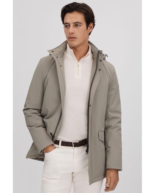 Reiss Gray Dublin - Taupe Water Repellent Removable Hooded Coat, M for men