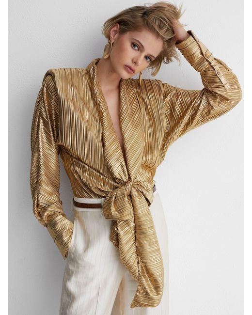 ATELIER Black Metallic Plissé Tie-Front Shirt