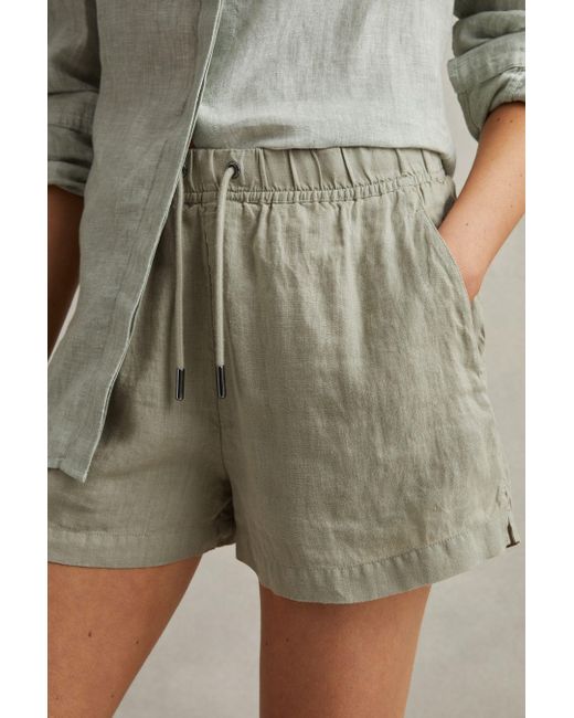 Reiss Green Cleo - Sage Linen Garment Dyed Drawstring Shorts