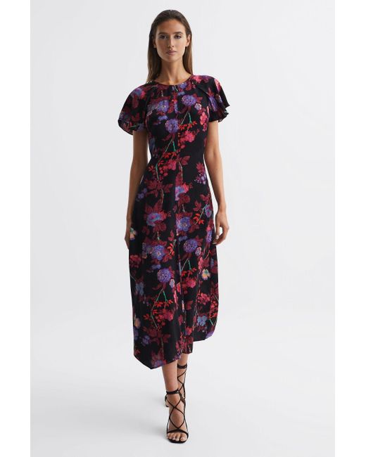 Reiss Purple Eleni - Black/pink Leni Fitted Floral Print Midi Dress, Us 12