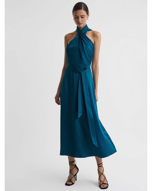 Reiss Blue Satin Halter Neck Fitted Midi Dress
