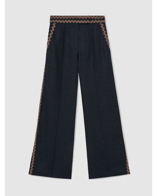 Reiss Black Linen Wave-Trim Wide-Leg Trousers