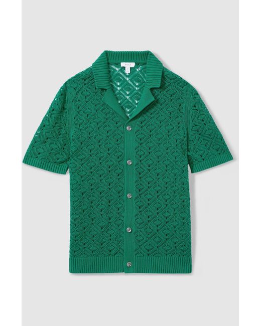 Reiss Corsica - Bright Green Crochet Cuban Collar Shirt, M for men