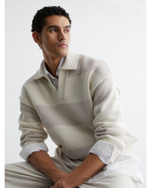 Reiss Gray Off & Oatmeal Melange Cotton-Blend Open-Collar Rugby Jumper for men