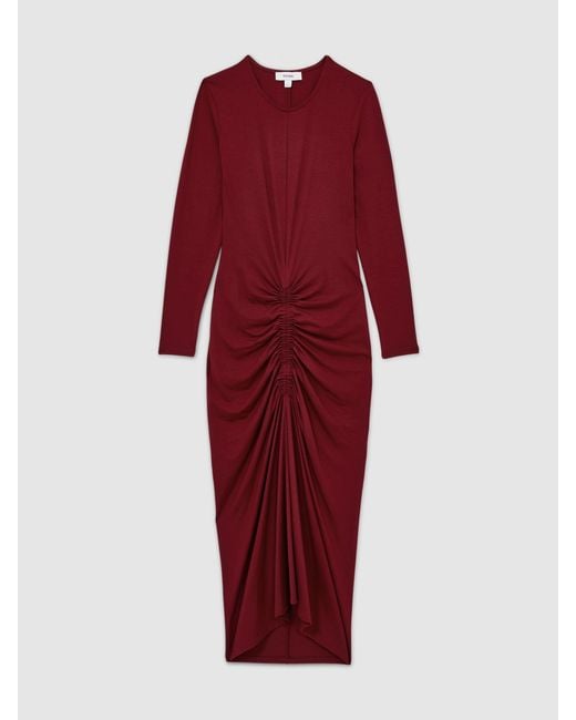Reiss Red Ruched Jersey Midi Dress