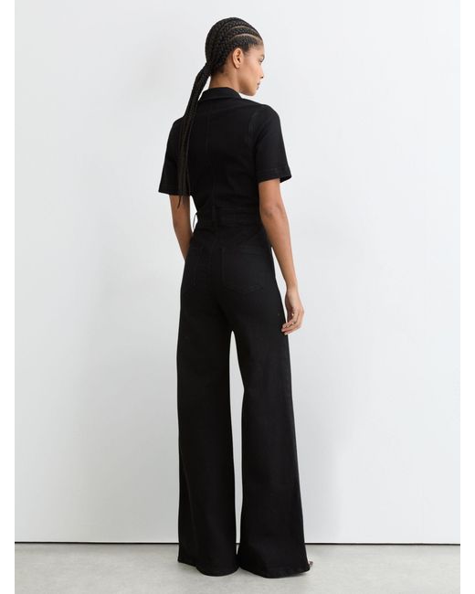 Reiss Black Wide-Leg Zip-Through Denim Jumpsuit