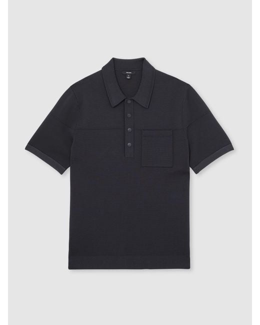 Reiss Black Press-Stud Seam-Detail Polo Shirt for men