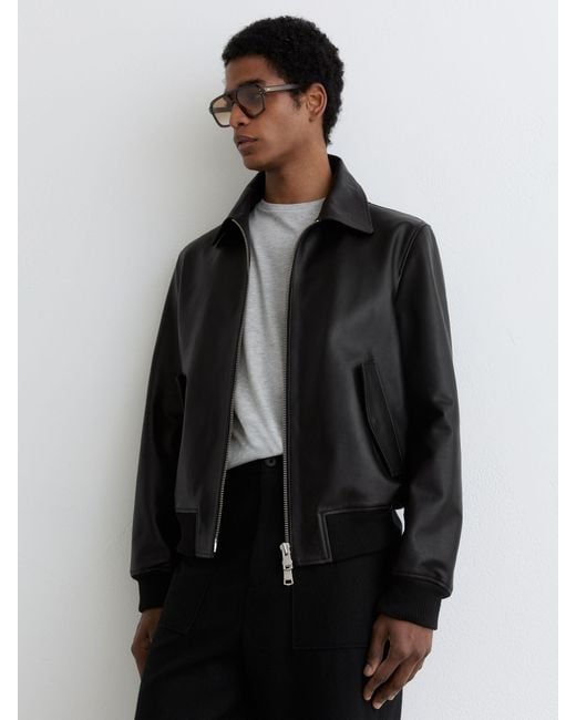 Reiss Black Leather Zip-Through Jacket for men