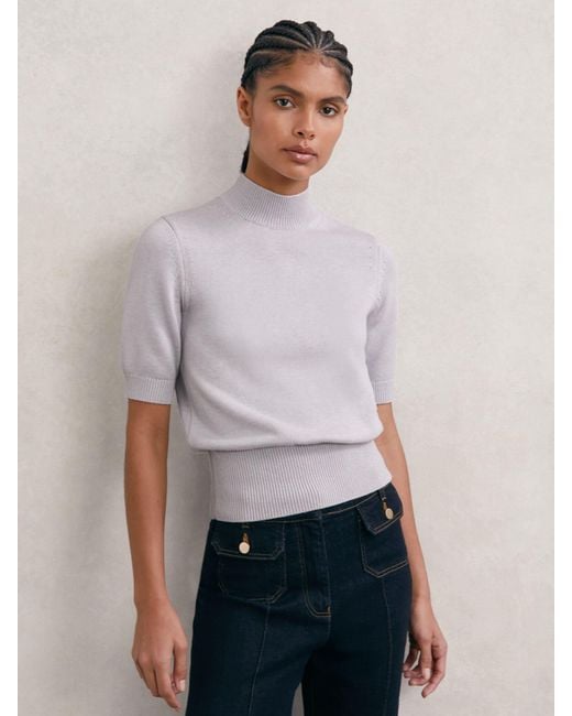 Reiss White Cotton And Wool Funnel-Neck Knit Top